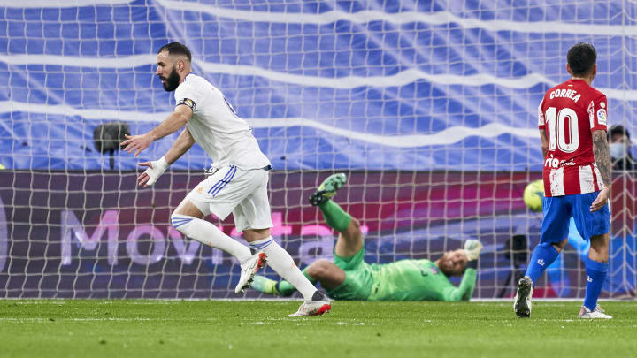 Karim Benzema peels away to celebrate Real Madrid's opening goal in a triumphant capital derby Karim Benzema peels away to celebrate Real Madrid's opening goal in a triumphant capital derby