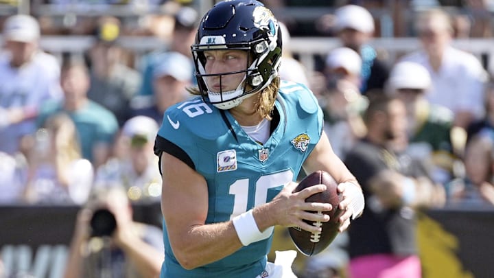 Oct 27, 2024; Jacksonville, Florida, USA; Jacksonville Jaguars quarterback Trevor Lawrence (16) looks to throw during the first half against the Green Bay Packers at EverBank Stadium. Mandatory Credit: Melina Myers-Imagn Images