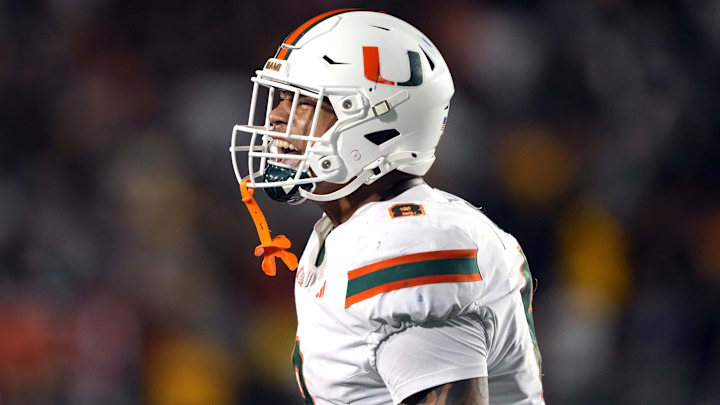 Oct 5, 2024; Berkeley, California, USA; Miami Hurricanes tight end Elijah Arroyo (8) celebrates after scoring a touchdown against the California Golden Bears during the fourth quarter at California Memorial Stadium. 