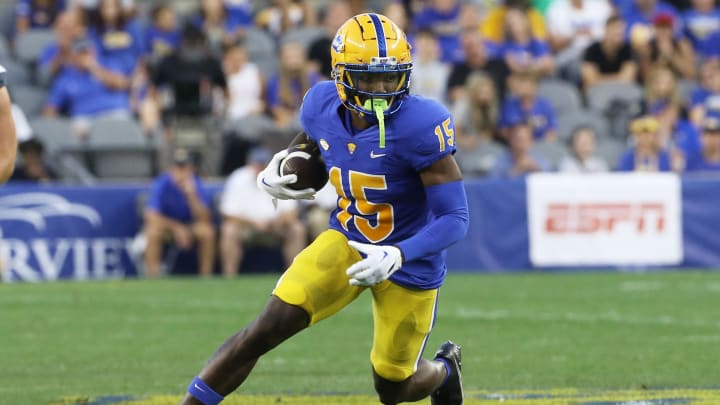 Sep 1, 2022; Pittsburgh, Pennsylvania, USA;  Pittsburgh Panthers wide receiver Bub Means (15) runs after a catch against the West Virginia Mountaineers during the first quarter at Acrisure Stadium. Mandatory Credit: Charles LeClaire-USA TODAY Sports