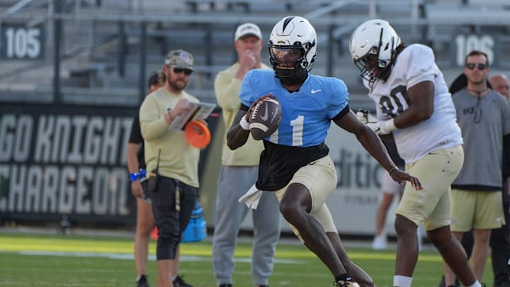 UCF quarterback Jacurri Brown during UCF Spring football practice at FBC Mortgage Stadium in Orlando, Friday, April 11, 2025.