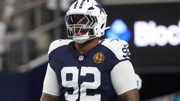 Dallas Cowboys defensive tackle Quinnen Williams warms up prior to the game against the Kansas City Chiefs.