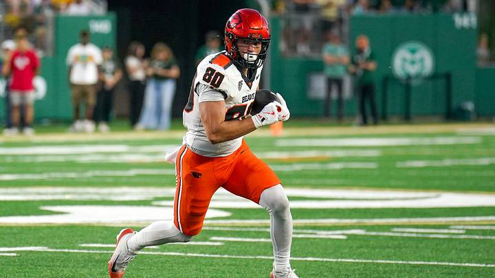 Oct 3, 2026; Fort Collins, Colorado, USA; Oregon State Beavers tight end Eric Olsen (80) runs the ball in the second half against the Colorado State Rams at Sonny Lubick Field at Canvas Stadium. Mandatory Credit: Andrew Rydland-Imagn Images Oct 3, 2026; Fort Collins, Colorado, USA; Oregon State Beavers tight end Eric Olsen (80) runs the ball in the second half against the Colorado State Rams at Sonny Lubick Field at Canvas Stadium. Mandatory Credit: Andrew Rydland-Imagn Images