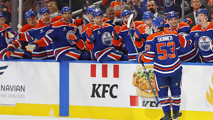 Edmonton Oilers forward Jeff Skinner (53) celebrates after scoring a goal