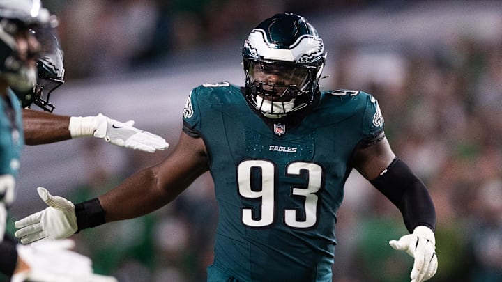 Sep 16, 2024; Philadelphia, Pennsylvania, USA; Philadelphia Eagles defensive tackle Milton Williams (93) in a game against the Atlanta Falcons during the third quarter at Lincoln Financial Field. Mandatory Credit: Bill Streicher-Imagn Images
