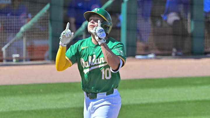 Mar 20, 2024; Mesa, Arizona, USA;  Oakland Athletics shortstop Nick Allen (10) celebrates  a solo