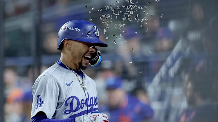 Oct 18, 2024; New York City, New York, USA; Los Angeles Dodgers right fielder Mookie Betts (50) celebrates his solo home run against the New York Mets during the sixth inning of game five of the NLCS during the 2024 MLB playoffs at Citi Field.