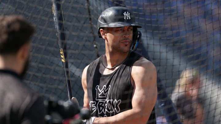 Oct 4, 2025; Toronto, Ontario, CAN; New York Yankees designated hitter Giancarlo Stanton (27) takes batting practice before game one against the Toronto Blue Jays in the ALDS round for the 2025 MLB playoffs at Rogers Centre. Mandatory Credit: Nick Turchiaro-Imagn Images Oct 4, 2025; Toronto, Ontario, CAN; New York Yankees designated hitter Giancarlo Stanton (27) takes batting practice before game one against the Toronto Blue Jays in the ALDS round for the 2025 MLB playoffs at Rogers Centre. Mandatory Credit: Nick Turchiaro-Imagn Images