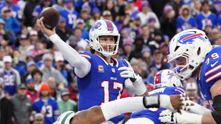 Dec 29, 2024; Orchard Park, New York, USA; Buffalo Bills quarterback Josh Allen (17) throws the ball against the New York Jets Dec 29, 2024; Orchard Park, New York, USA; Buffalo Bills quarterback Josh Allen (17) throws the ball against the New York Jets