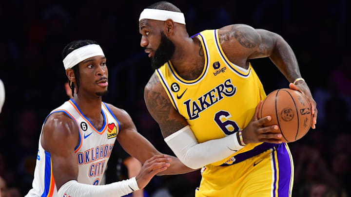 Feb 7, 2023; Los Angeles, California, USA; Oklahoma City Thunder guard Shai Gilgeous-Alexander (2) defends against Los Angeles Lakers forward LeBron James (6) in the second quarter at Crypto.com Arena. Mandatory Credit: Gary A. Vasquez-Imagn Images Feb 7, 2023; Los Angeles, California, USA; Oklahoma City Thunder guard Shai Gilgeous-Alexander (2) defends against Los Angeles Lakers forward LeBron James (6) in the second quarter at Crypto.com Arena. Mandatory Credit: Gary A. Vasquez-Imagn Images