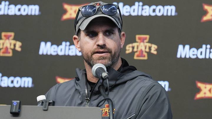 Iowa State football head coach Jimmy Rogers talks to media after first day practice at the university’s Stark Performance Center in Ames, Iowa. Iowa State football head coach Jimmy Rogers talks to media after first day practice at the university’s Stark Performance Center in Ames, Iowa.