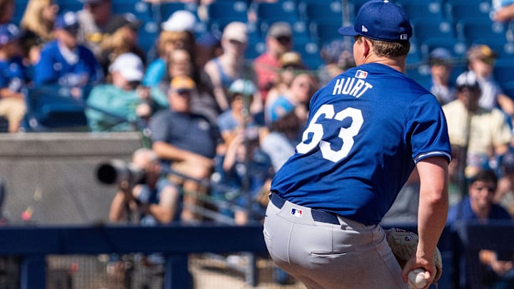Dodgers pitcher Kyle Hurt (63) on the mound in the first during a spring training game against the Milwaukee Brewers at American Family Fields of Phoenix on March 2, 2024. Dodgers pitcher Kyle Hurt (63) on the mound in the first during a spring training game against the Milwaukee Brewers at American Family Fields of Phoenix on March 2, 2024.