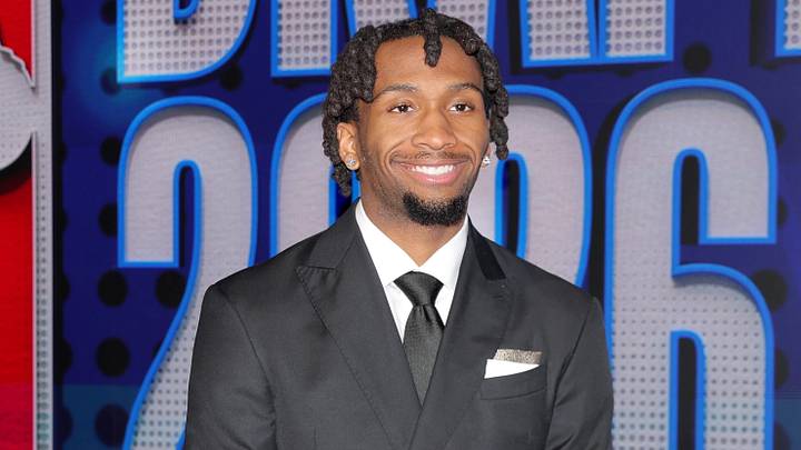 Jun 23, 2026; New York, NY, USA; Draft prospect Darryn Peterson poses for photos on the red carpet before the 2026 NBA draft at Barclays Center. 