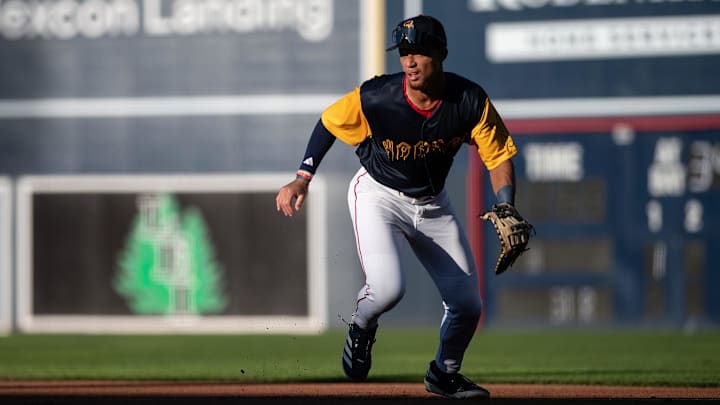 WooSox first baseman Kristian Campbell hops to field a ball versus the Scranton/Wilkes-Barre Rail Riders on Friday July 18, 2025 at Polar Park in Worcester. WooSox first baseman Kristian Campbell hops to field a ball versus the Scranton/Wilkes-Barre Rail Riders on Friday July 18, 2025 at Polar Park in Worcester.