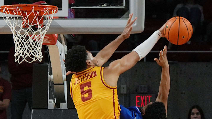 Iowa State Cyclones forward Joshua Jefferson (5) blocks the ball as Eastern Illinois Panthers guard Andre Washington (4) shoots during the second half on December 14, 2025, at Hilton Coliseum in Ames, Iowa.