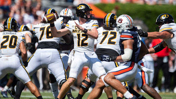 Missouri Tigers quarterback Brady Cook (12) throws the ball as Auburn Tigers take on Missouri Tigers at Jordan-Hare Stadium in Auburn, Ala., on Saturday, Sept. 24, 2022. Auburn Tigers defeated Missouri Tigers 17-14.