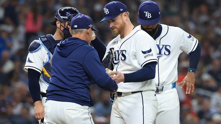 Oct 12, 2026; St. Petersburg, Florida, USA; Tampa Bay Rays pitcher Drew Rasmussen (57) leaves teh mound in the seventh inning in game one of the ALCS for the 2026 MLB Playoffs at Tropicana Field. Mandatory Credit: Kim Klement Neitzel-Imagn Images Oct 12, 2026; St. Petersburg, Florida, USA; Tampa Bay Rays pitcher Drew Rasmussen (57) leaves teh mound in the seventh inning in game one of the ALCS for the 2026 MLB Playoffs at Tropicana Field. Mandatory Credit: Kim Klement Neitzel-Imagn Images