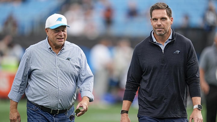 Aug 8, 2025; Charlotte, North Carolina, USA;  Carolina Panthers team owner David Tepper and General Manager Dan Morgan during the first quarter between the Carolina Panthers and the Cleveland Browns at Bank of America Stadium. Mandatory Credit: Jim Dedmon-Imagn Images