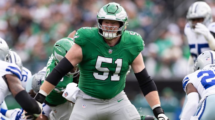Dec 29, 2024; Philadelphia, Pennsylvania, USA; Philadelphia Eagles center Cam Jurgens (51) in action against the Dallas Cowboys during the second quarter at Lincoln Financial Field. Mandatory Credit: Bill Streicher-Imagn Images