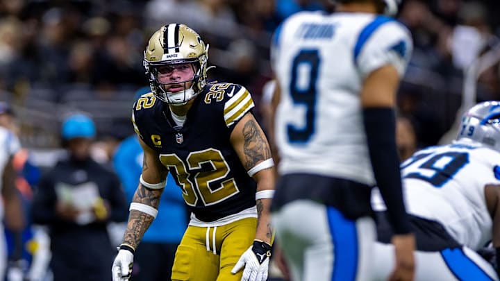 New Orleans Saints safety Tyrann Mathieu stares down Carolina Panthers quarterback Bryce Young during the first half at the Caesars Superdome. New Orleans Saints safety Tyrann Mathieu stares down Carolina Panthers quarterback Bryce Young during the first half at the Caesars Superdome.