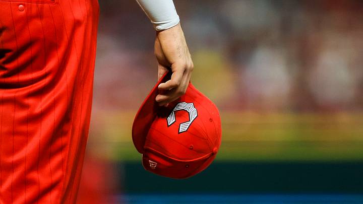 Aug 15, 2026; Cincinnati, Ohio, USA; A general view as Cincinnati Reds first baseman Sal Stewart (27) holds his hat during a stop in play in the eighth inning against the Miami Marlins at Great American Ball Park. Mandatory Credit: Katie Stratman-Imagn Images Aug 15, 2026; Cincinnati, Ohio, USA; A general view as Cincinnati Reds first baseman Sal Stewart (27) holds his hat during a stop in play in the eighth inning against the Miami Marlins at Great American Ball Park. Mandatory Credit: Katie Stratman-Imagn Images