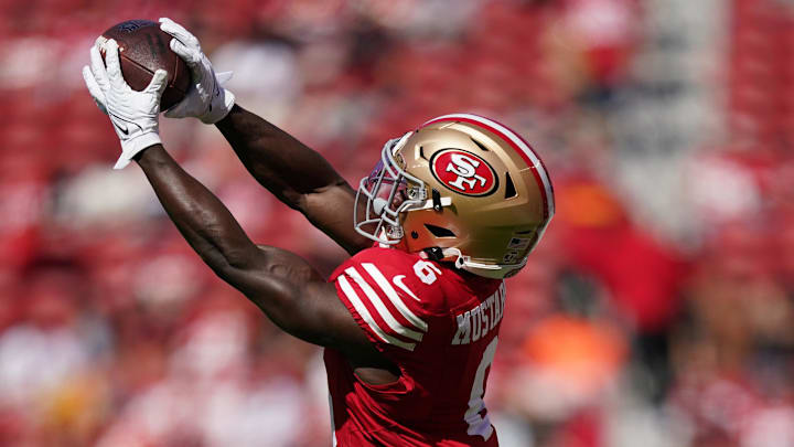 Oct 20, 2024; Santa Clara, California, USA; San Francisco 49ers safety Malik Mustapha (6) catches a pass before the start of the game against the Kansas City Chiefs at Levi's Stadium. Mandatory Credit: Cary Edmondson-Imagn Images