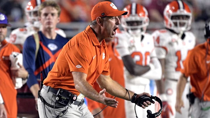 Oct 5, 2024; Tallahassee, Florida, USA; Clemson Tigers head coach Dabo Swinney reacts during the second half against the Florida State Seminoles at Doak S. Campbell Stadium. 