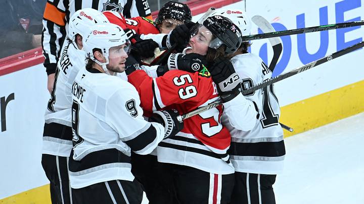 Oct 27, 2026; Chicago, Illinois, USA;  Chicago Blackhawks left wing Tyler Bertuzzi (59) gets into a fight with Los Angeles Kings players during the third period at United Center.  Mandatory Credit: Matt Marton-Imagn Images