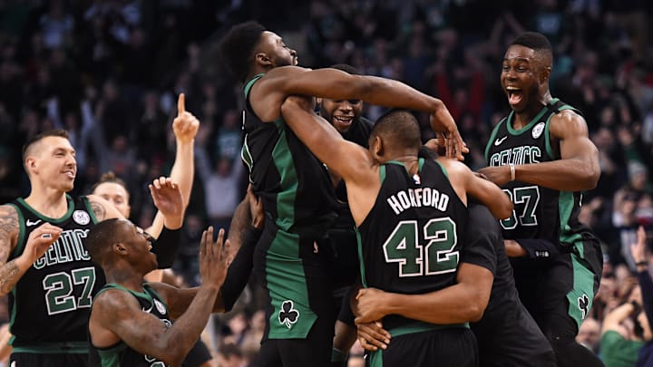 Feb 4, 2018; Boston, MA, USA; Boston Celtics guard Jaylen Brown (7) reacts with forward Daniel Theis
