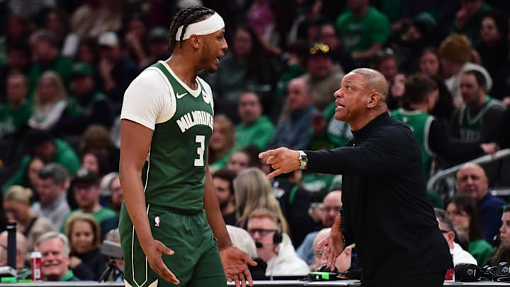 Feb 1, 2026; Boston, Massachusetts, USA; Milwaukee Bucks head coach Doc Rivers has words with center Myles Turner (3) during the second half against the Boston Celtics at TD Garden. Mandatory Credit: Bob DeChiara-Imagn Images Feb 1, 2026; Boston, Massachusetts, USA; Milwaukee Bucks head coach Doc Rivers has words with center Myles Turner (3) during the second half against the Boston Celtics at TD Garden. Mandatory Credit: Bob DeChiara-Imagn Images