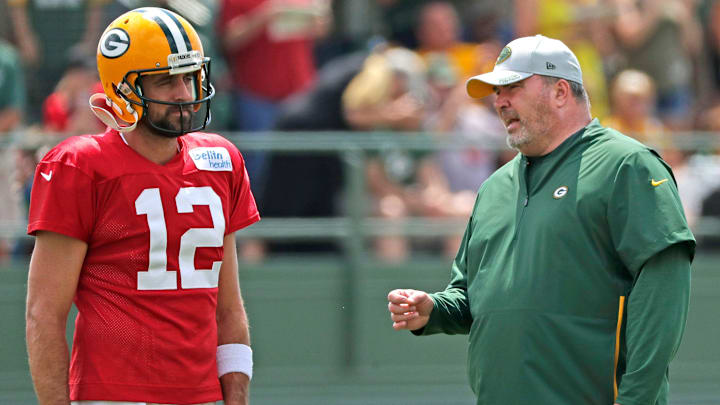 Green Bay Packers quarterback Aaron Rodgers (12) talks to head coach Mike McCarthy during training camp practice at Ray Nitschke Field on Friday, August 3, 2018 in Ashwaubenon, Wis. 
Adam Wesley/USA TODAY NETWORK-Wisconsin

Gpg Packerscamp 080318 Abw384