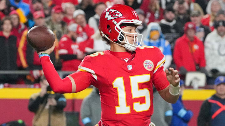 Dec 8, 2024; Kansas City, Missouri, USA; Kansas City Chiefs quarterback Patrick Mahomes (15) drops back to pass against the Los Angeles Chargers during the first half at GEHA Field at Arrowhead Stadium. Mandatory Credit: Denny Medley-Imagn Images