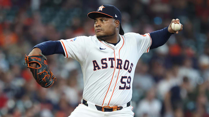 Oct 1, 2024; Houston, Texas, USA; Houston Astros pitcher Framber Valdez (59) throws a pitch in the first inning against the Detroit Tigers in game one of the Wild Card round for the 2024 MLB Playoffs at Minute Maid Park.