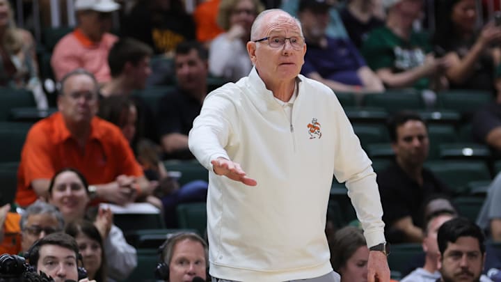 Mar 6, 2024; Coral Gables, Florida, USA; Miami Hurricanes head coach Jim Larranaga reacts against the Boston College Eagles during the second half at Watsco Center. Mandatory Credit: Sam Navarro-USA TODAY Sports
