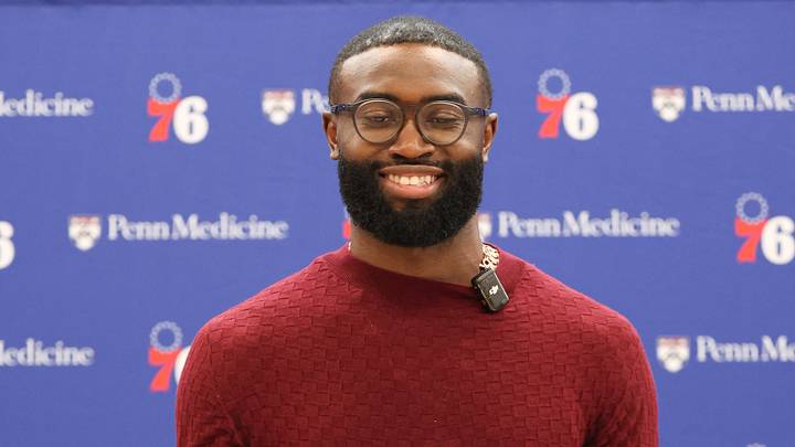 Philadelphia 76ers guard Jaylen Brown poses for a photo during his introductory press conference at the Francis J. Myers Recreation Center on Aug. 6, 2026. Philadelphia 76ers guard Jaylen Brown poses for a photo during his introductory press conference at the Francis J. Myers Recreation Center on Aug. 6, 2026.
