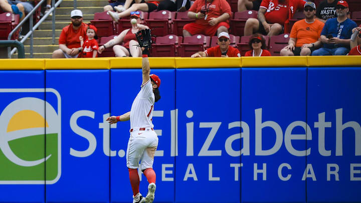 May 15, 2025; Cincinnati, Ohio, USA; Cincinnati Reds outfielder Connor Joe (17) catches a fly out hit by Chicago White Sox shortstop Jacob Amaya (not pictured) in the sixth inning at Great American Ball Park. Mandatory Credit: Katie Stratman-Imagn Images