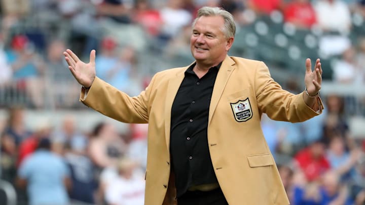 Aug 9, 2017; Atlanta, GA, USA; Atlanta Falcons former kicker Morten Andersen reacts after throwing out the ceremonial pitch before the game between the Philadelphia Phillies and the Atlanta Braves at SunTrust Park. Mandatory Credit: Jason Getz-Imagn Images