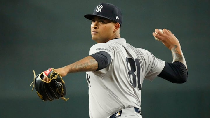 New York Yankees starting pitcher Luis Gil (81) throws against the Arizona Diamondbacks during the