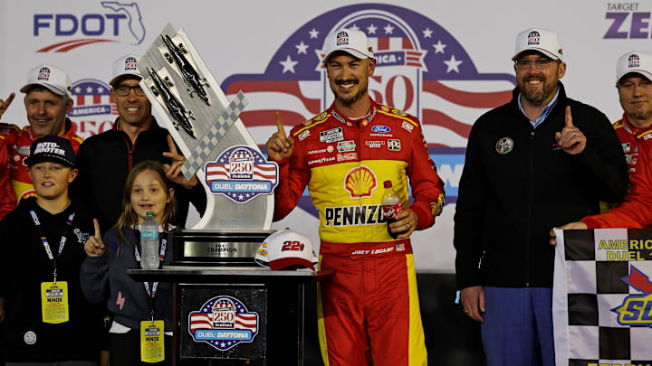Feb 12, 2026; Daytona Beach, Florida, USA;  Driver Joey Logano (22) wins the Duel 1 at Daytona at Daytona International Speedway. Mandatory Credit: Mike Watters-Imagn Images