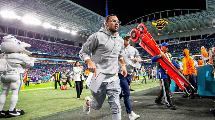 Miami Dolphins head coach Mike McDaniel runs off the field following a defeat at the hands of their conference rivals the Buffalo Bills during NFL football game Jan 07, 2024, in Miami Gardens. Miami Dolphins head coach Mike McDaniel runs off the field following a defeat at the hands of their conference rivals the Buffalo Bills during NFL football game Jan 07, 2024, in Miami Gardens.