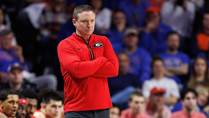 Jan 25, 2025; Gainesville, Florida, USA; Georgia Bulldogs head coach Mike White looks on against the Florida Gators during the first half at Exactech Arena at the Stephen C. O'Connell Center. Mandatory Credit: Matt Pendleton-Imagn Images