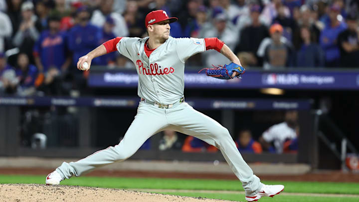 Oct 9, 2024; New York, New York, USA; Philadelphia Phillies pitcher Jeff Hoffman (23) throws a pitch in the fifth inning against the New York Mets  in game four of the NLDS for the 2024 MLB Playoffs at Citi Field.