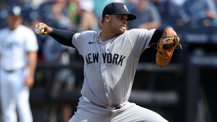 Apr 20, 2025; Tampa, Florida, USA; New York Yankees pitcher Fernando Cruz (63) throws a pitch against the Tampa Bay Rays in the eighth inning at George M. Steinbrenner Field.