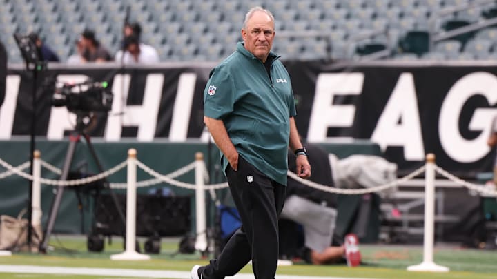 Sep 16, 2024; Philadelphia, Pennsylvania, USA; Philadelphia Eagles defensive coordinator Vic Fangio before a game against the Atlanta Falcons at Lincoln Financial Field.