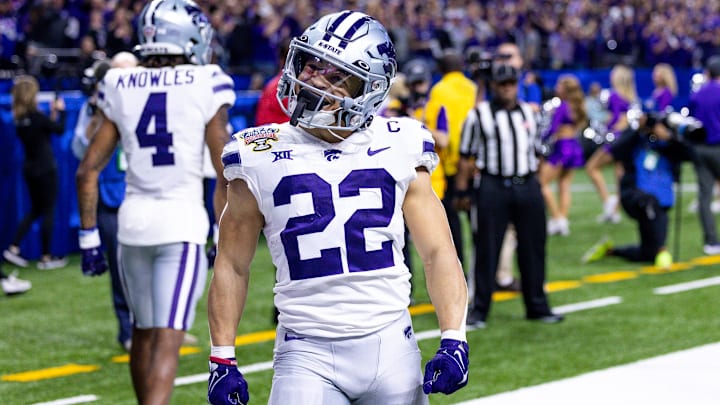 Dec 31, 2022; New Orleans, LA, USA; Kansas State Wildcats running back Deuce Vaughn (22) celebrates