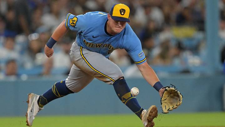 Aug 13, 2026; Los Angeles, California, USA; Milwaukee Brewers first baseman Andrew Vaughn (28) makes a play against the Los Angeles Dodgers at Dodger Stadium. Mandatory Credit: Jayne Kamin-Oncea-Imagn Images Aug 13, 2026; Los Angeles, California, USA; Milwaukee Brewers first baseman Andrew Vaughn (28) makes a play against the Los Angeles Dodgers at Dodger Stadium. Mandatory Credit: Jayne Kamin-Oncea-Imagn Images