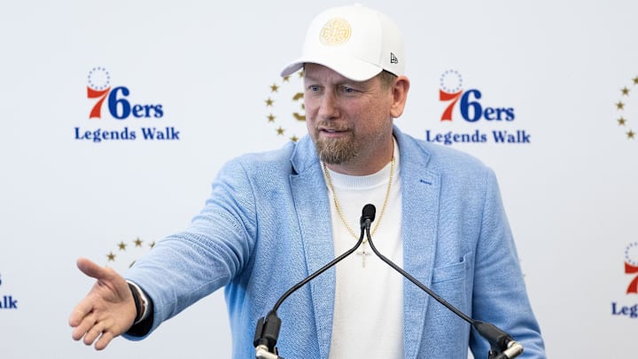Apr 12, 2024; Camden, NJ, USA; Philadelphia 76ers head coach Nick Nurse speaks at the podium during Apr 12, 2024; Camden, NJ, USA; Philadelphia 76ers head coach Nick Nurse speaks at the podium during
