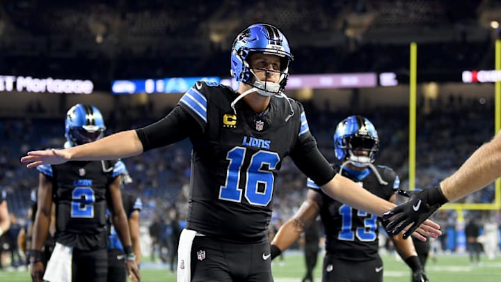 Goff greets a Detroit Lions offensive lineman during pregame warmups before their game against the Seattle Seahawks. Goff greets a Detroit Lions offensive lineman during pregame warmups before their game against the Seattle Seahawks.