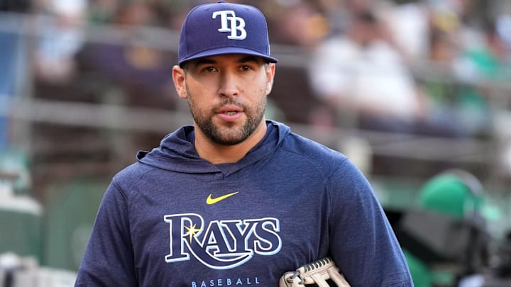 Aug 21, 2024; Oakland, California, USA; Tampa Bay Rays right fielder Dylan Carlson (10) before the game against the Oakland Athletics at Oakland-Alameda County Coliseum. 