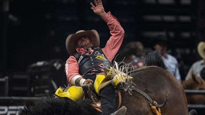 RC Landingham competes in the bareback riding competition during the Music City Rodeo at Bridgestone Arena in Nashville , Tenn., Friday, May 30, 2025.